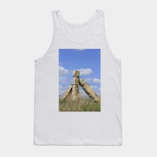 Kansas Limestone Corner Post with Prairie grass and blue sky and white cloud's. Tank Top